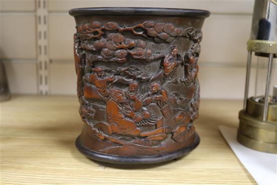 A Chinese bamboo and wood sagos brushpot height 17cm